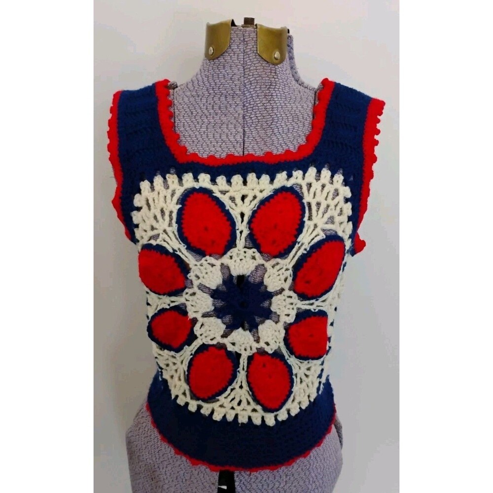 70's Hippie Handmade Crochet Vest Red White Blue Women's Sz S Boho USA READ